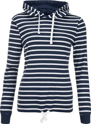 Produktbild von modAS Damen Kapuzenshirt Langarmshirt gestreift - Kapuzenpullover Streifenshirt Ringelshirt mit Kapuze aus Baumwolle in Blau-Melange/Weiß Größe 44