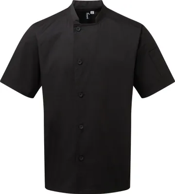 A black short-sleeved chef's jacket shown flat against a white background.
