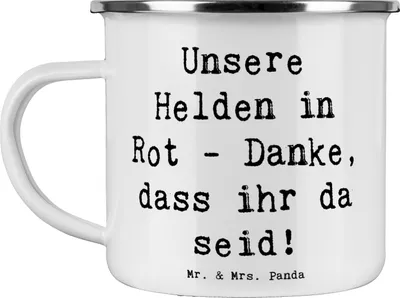 Produktbild von Mr. & Mrs. Panda Emaille Tasse Spruch Feuerwehrmann Helden - Weiß - Geschenk, Held des Alltags, Pott, Dankeschön, Kaffeepott, Danke sagen, Aufmerksamkeit, Bedanken