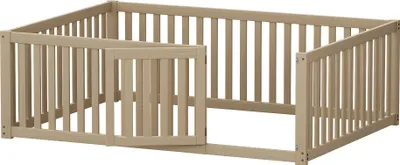 Produktbild von Kinderbett 140x200cm Doppelbett (ohne Matratze) Massivholzbett Holzboden Bettrahmen mit Sicherheitszaun und Tür Holzfarbe Kiefer