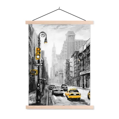 Produktbild von MuchoWow® Textilposter Gemälde - Ölfarbe - Stadt - Auto 40x53 cm mit holzfarbenen Rahmen - Schlafzimmer