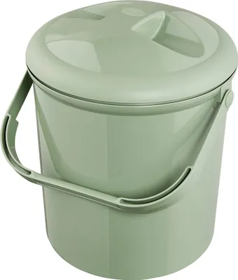 A light green plastic bucket with a lid and handle, shown against a white background.