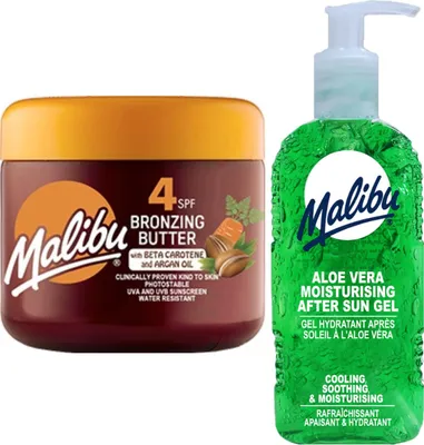 Productafbeelding van Malibu bruiningsversneller SPF4 300 ml + Aloe aftersun gel 200 ml Bruiningsset
