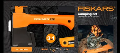 A collage of images showing a Fiskars camping set, including an axe, knife, and saw, with a campfire in the background.