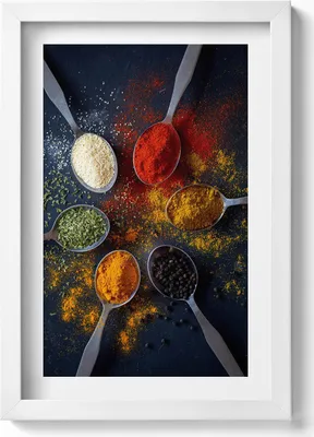 Produktbild von Löffel mit bunten Gewürzen für die Küche– Wandbild mit Rahmen – Gerahmtes Bild  – Wanddekoration – 20x30 cm – Weiß