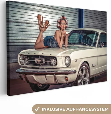 Produktbild von MuchoWow® - Leinwandbilder - Auto - Oldtimer - Frau, Wandbild, Wanddeko Bilder Wohnzimmer, 30x20 cm