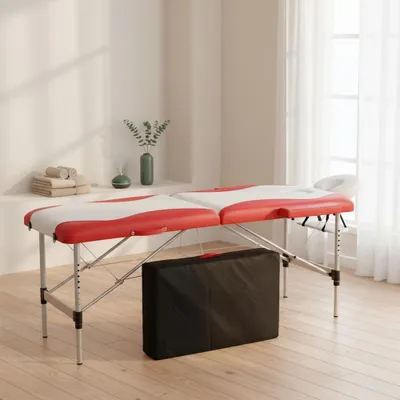 Image de Table de massage 2 zones aluminium blanc/rouge Banc de thérapie Table cosmétique mobile rabattable