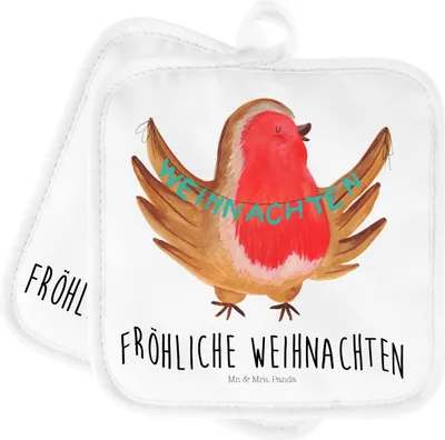 Produktbild von Mr. & Mrs. Panda Topfuntersetzer Rotkehlchen Weihnachten - Weiß - Geschenk, Weihnachtsgruß, topfhalter, Winter, Topflappen Set, Kochlappen, Topflappenset, Vogel, Frohe
