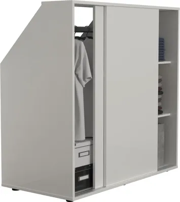 A white wardrobe with sliding doors, showing clothes hanging inside and shelves with folded items.
