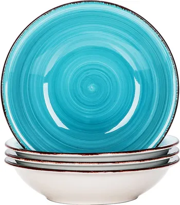 Image de vancasso Bella Assiette à soupe en grès, 4 pièces Assiette creuse pour salade, pâtes, contenance 710 ml, Turquoise