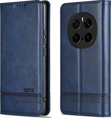 A blue leather flip case for a smartphone is shown from two angles.