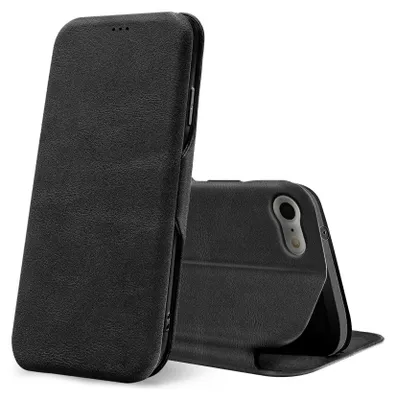 A black flip case for a smartphone is shown against a white background.