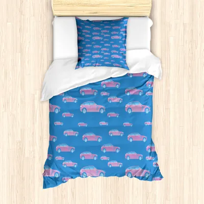 Produktbild von ABAKUHAUS Blau und Pink Bettbezug Set für Einzelbetten, Grunge Car Design, Milbensicher Allergiker geeignet mit Kissenbezug, 135 cm x 200 cm - 80 x 80 cm, Blau und Pink