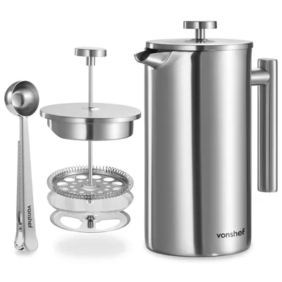 Immagine prodotto di VonShef Caffettiera a Pressa Francese da 12 Tazze, 1,5 L, in Acciaio Inox Isolato, con Misurino Incluso