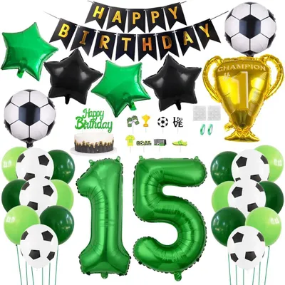 Imagen del producto de Decoración para cumpleaños con temática de fútbol, juego de 29 piezas, que incluye globos y una copa, ideal para una fiesta de fútbol