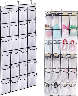 Produktbild von H?ngendes Schuhregal, Schuh-Organizer š¹ber der Tš¹r, platzsparendes Schuhregal, 24 Taschen, platzsparend, mit 3 Haken fš¹r Kš¹che, Kleiderschrank, Schlafzimmer, Zuhause