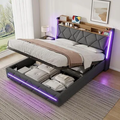 Produktbild von Bett 140x200 mit LED und USB, Doppelbett Polsterbett 140x200 mit Stauraum und Kopfteil, Bettgestell Betten mit Bettrahmen und Lattenrost, Hydraulische Bett, Leinen, Grau, ohne Matratze