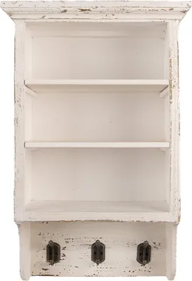 A white wooden wall shelf with three shelves and three hooks at the bottom.