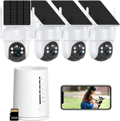 Image de 4 caméras de surveillance 4MP pour l'extérieur, caméra solaire WiFi pour l'extérieur, caméra solaire 2,4 GHz avec panneau solaire, vision nocturne PTZ 360°, audio bidirectionnel, PIR, + 32 Go