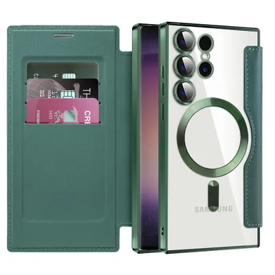Immagine prodotto di Custodia per Samsung Galaxy S25 Ultra compatibile con MagSafe, custodia trasparente con portacarte, custodia in pelle con protezione della fotocamera verde