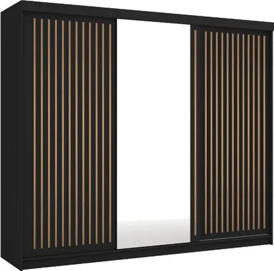 Produktbild von Kleiderschrank ROYAL 250 cm Schrank mit Spiegiel Lamellen Schwebetürenschrank 3-türig Kleiderstange Schwarz + Wotan Lamellen