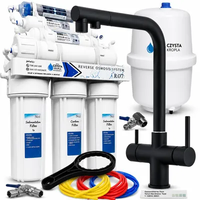 Produktbild von Wasserfilter Set RO7 mit 3-Wege Küchenarmatur Venom 2 Schwarz matt, 7-stufige Umkehrosmose mit Mineralisierung