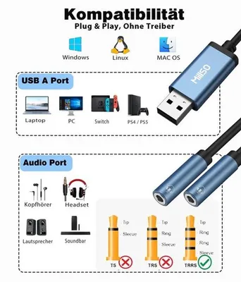 Zdjęcie produktu dla Zewnętrzna karta dźwiękowa USB USB do 2 x 3,5 mm Aux Audio Zestaw słuchawkowy TRRS Stereo Aux Audio Converter kabel do słuchawek, słuchawek, słuchawek, mikrofon, PS4, PS5, komputer - 28 cm