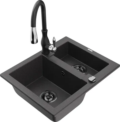 Produktbild von Mexen Carlos 1,5-Becken-Granitspüle mit Mischbatterie Savita, Schwarz gesprenkelt - 6518-76-672601-70-B