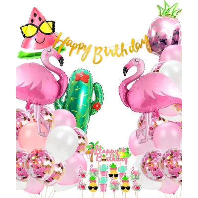 Produktbild von Party Dekoration Geburtstagsdeko 46er Set Flamingo Sommerfest Ananas Hawaii Tortendeko Flamingo Ballon Happy Birthday Girlande Luftballons Kuchendeko