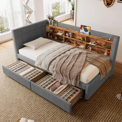 Image de okwish Canapé-lit 90 x 200 cm sans matelas, lit de jour avec 2 tiroirs et sommier à lattes, lit pour jeunes avec USB et Type-C, avec plusieurs compartiments – gris