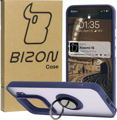 Produktbild von Bizon Case Hybrid Ring Fingerringhülle für Xiaomi 15, Rauch mit marineblauem Rahmen