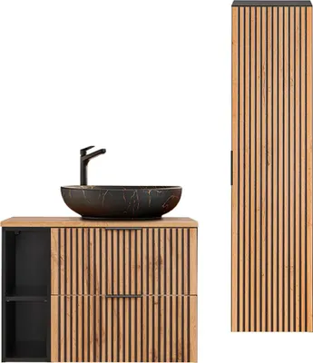 Produktbild von Waschtisch und Hängesäule 80.6cm Gaia mit 2 Schubladen, Eichenoptik und Schwarz