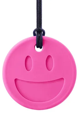 Immagine prodotto di ARK Therapeutic Kauschmuck: Giocattolo masticabile "Smiley Face Chewmoji" rosa acceso. Collana masticabile a doppio lato con due espressioni, ideale per chi mastica i denti anteriori, adatta a bambini e adulti.