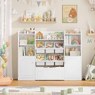 Imagen del producto de Estantería infantil de 140,5 cm de ancho, mueble para habitación infantil con 7 compartimentos, color blanco