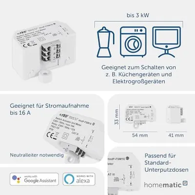Productafbeelding van Homematic IP Smart Home schakel- en meetactor (16 A) – voor inbouw, de actor meet het stroomverbruik, bedient apparaten en verlichting via de app, Alexa en Google Assistant, bespaart energie, artikelnummer: 150239A0