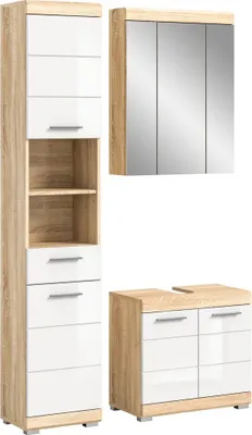 Immagine prodotto di Set da bagno LEWOTO – 1 colonna, 1 mobile sotto lavabo, 1 armadietto con specchio – Bianco e rovere
