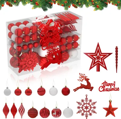 Produktbild von XMTECH Weihnachtskugeln 108tlg, Plastik Christbaumkugeln Set, Weihnachtsbaumschmuck Dekoration in Rot für Party, Haus Dekoration und Festliche Anlässe