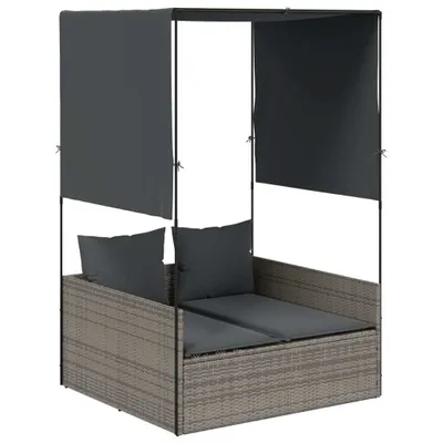 Produktbild von Doppel-Sonnenliege mit Dach und Vorhängen Grau Poly Rattan