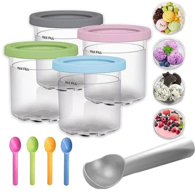 Obrázek produktu pro Balení čtyř nádob na zmrzlinu o objemu 16 uncí, vyrobených z materiálů bez BPA, kompatibilních s modely Ninja Creami NC300 a NC299AMZ. Opakovaně použitelné nádoby na zmrzlinu s víkem