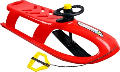 A red plastic sled with a steering wheel and a tow rope.