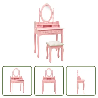 Immagine prodotto di The Living Store Set da toilette con sgabello Rosa 75x69x140 cm Legno di Paulownia