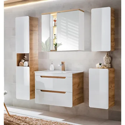 Produktbild von Badezimmer Set in Hochglanz weiß, Wotan Eiche Nb. LUTON-56 mit 81 cm Keramik-Waschtisch & LED-Spiegelschrank B/H/T ca. 181/195/46 cm