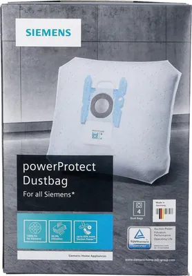 The image shows the packaging of Siemens powerProtect Dustbags.
