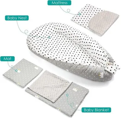 Zdjęcie produktu dla Kompletny zestaw akcesoriów dla niemowląt, składający się z: gniazdka dla dziecka (50x90 cm), poduszki pod głowę, płaskiej poduszki, materaca dla dziecka oraz kocyka dla niemowląt - antyalergiczny, miękki w dotyku, z uroczym wzorem