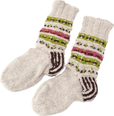 Produktbild von Handgestrickte Gefütterte Schafwollsocken, Bunte Haussocken, Hüttensocken, Nepal Socken - Hellgrau/bunt, Uni, Wolle, Größe: M (38-40)