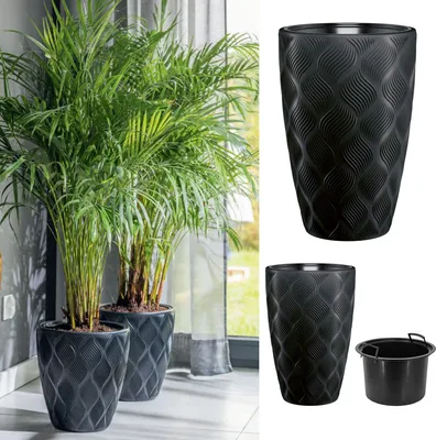 Produktbild von Blumenübertopf "Leaves Slim" mit herausnehmbaren Einsatz 2in1, 3D-Textur, Oval | Höhe: 48cm | Farbe: schwarz