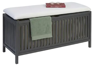Obrázek produktu pro Relaxdays – prádelní koš, na který se dá sedět, ořech, polstrované víko, rozměry: 50 x 100 x 38 cm, koupelnová stolička s úložným prostorem, šedá/bílá