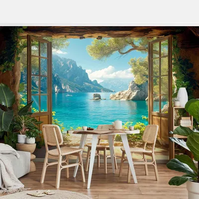 Produktbild von Fototapete Strand - Vliestapete - Bildtapete UV-beständig Berg türkis 3D-Effekt Motiv Wandtapete geruchsfrei
