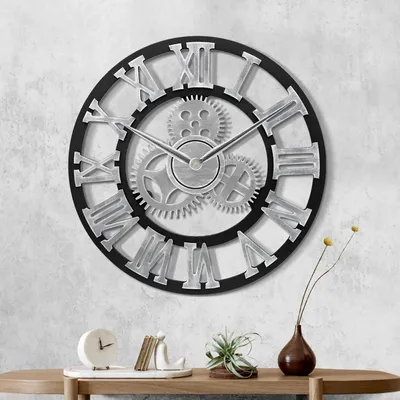 Produktbild von Lafocuse Wanduhr XXL 60 cm Industrie Silber Vintage geräuschlos Zahnrad Römische Zahlen Steampunk für Wohnzimmer Küche