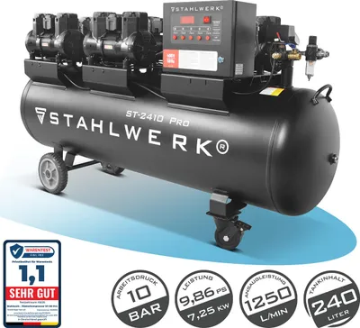 Produktbild von STAHLWERK Kompressor 10 bar 240 L 9,86 PS 7,25 kW 1250 l/min Druckluftkompressor